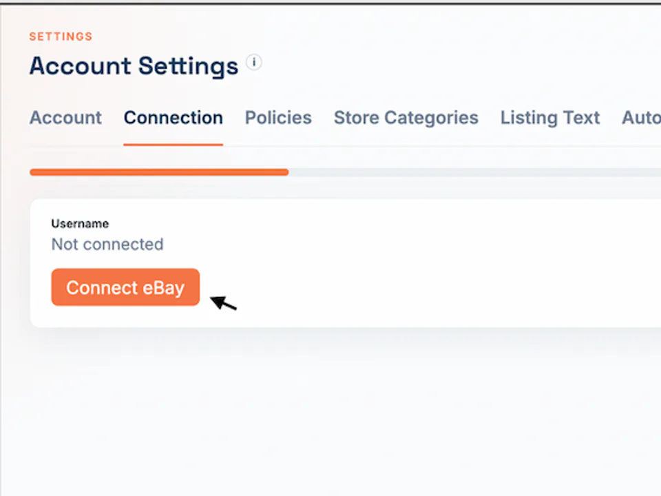 VizionLyst Account Settings showing the Connect eBay control.