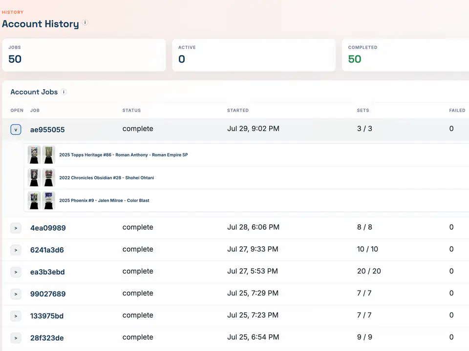 VizionLyst Account History showing completed processing jobs and listing records.