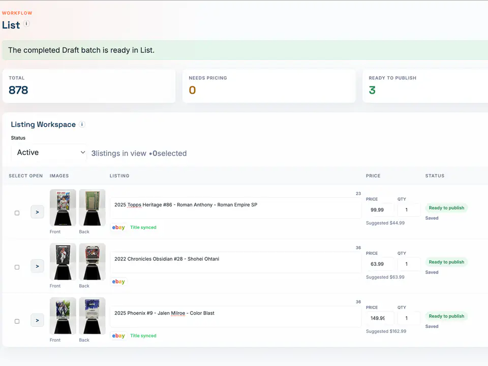 VizionLyst List workspace showing three draft listings ready for seller review and submission.